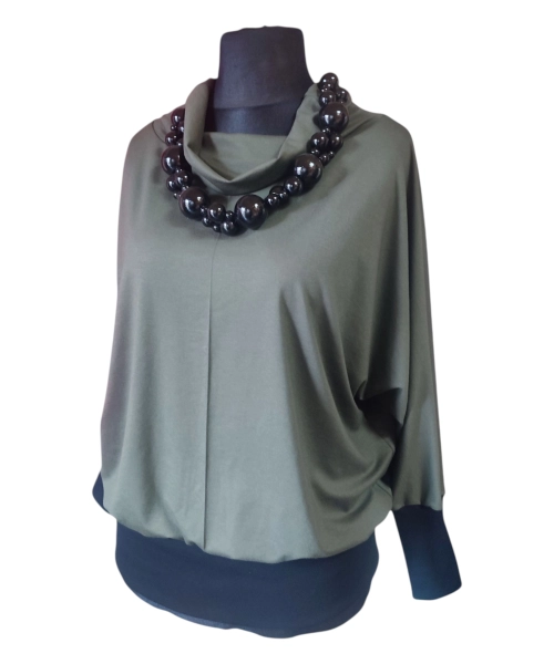 Sportowa bluzka ze ściągaczami i z golfem - khaki i czarny